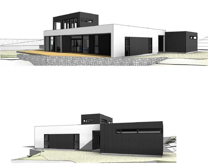 Moderne enebolig med minimalistisk design, store vindusflater og fantastisk utsikt. Illustrasjon. Galleribilde