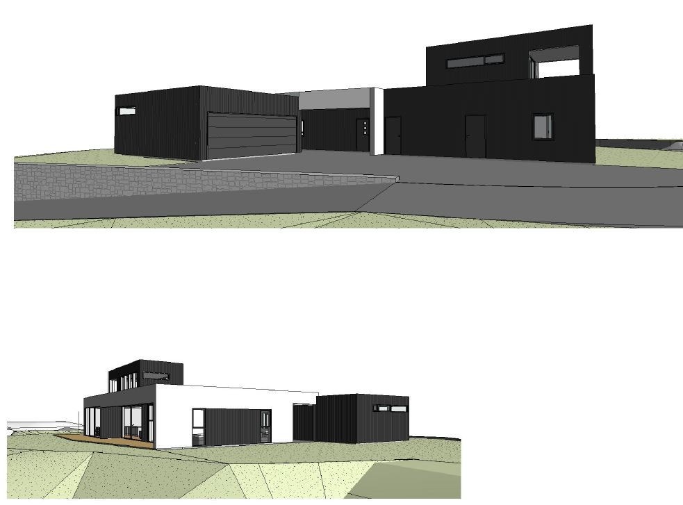 Moderne enebolig med minimalistisk design, stor tomt og flott beliggenhet i naturskjønne omgivelser. Perfekt for barnefamilier. Illustrasjon. Galleribilde