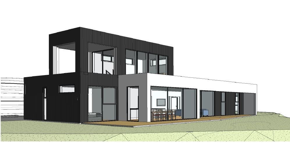 Moderne enebolig med arkitektonisk stil, store vinduer og flott beliggenhet. Perfekt for deg som verdsetter estetikk og naturlig lys. Illustrasjon. Galleribilde