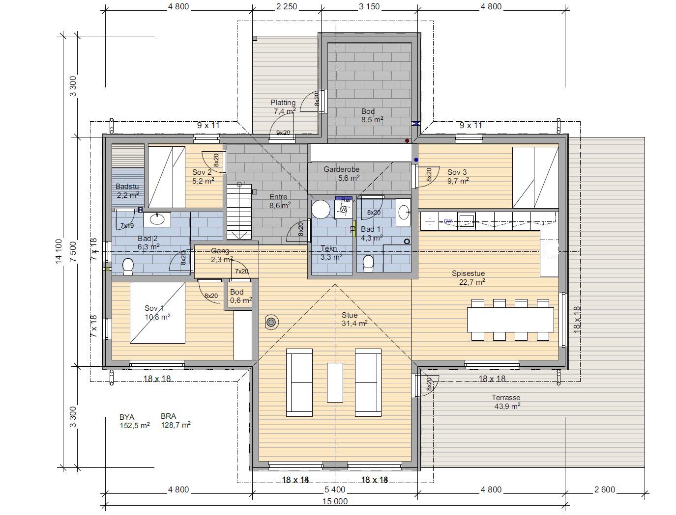 Opprinnelig plantegning. Noen endringer på kjøkken. Galleribilde