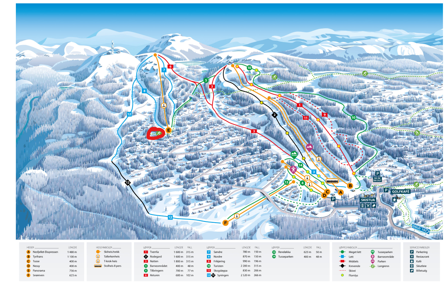 Skikart. Hytta er markert som rødt punkt til venstre på kartet. Galleribilde