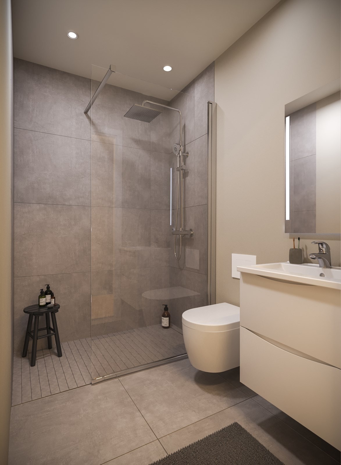 Boligene over 3 plan får i tillegg ett bad i 3 e.tasje med vannbåren gulvvarme, dimbare downlights i himling, vegghengt toalett og fastmontert dusjvegg i glass. Galleribilde