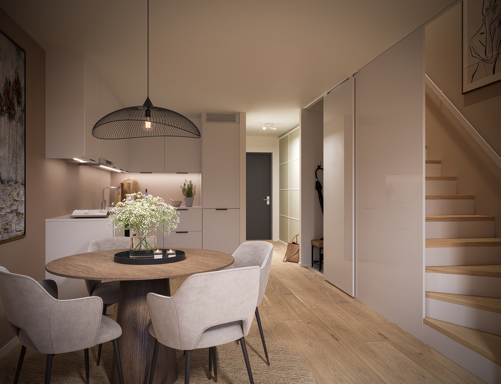 Kjøkkeninnredningen blir plassert lengst inn i allrommet og leveres fra Strai. Innredningen vil få et stilrent uttrykk med integrerte hvitevarer, oppvaskkum med blandebatteri og slette fronter i en av fem valgfrie farger. Galleribilde