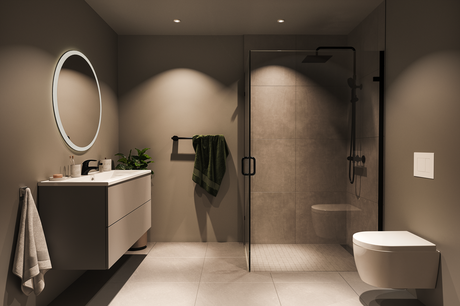 Rekkehusene får et delikat bad og et vaskerom/teknisk rom med wc. Badet er plassert i andre etasje og får storformat gulvfliser i størrelsen 60 x 60 cm. Det blir også store fliser på veggene i dusjhjørnet, med matchende 5 x 5 cm fliser på gulvet. Galleribilde