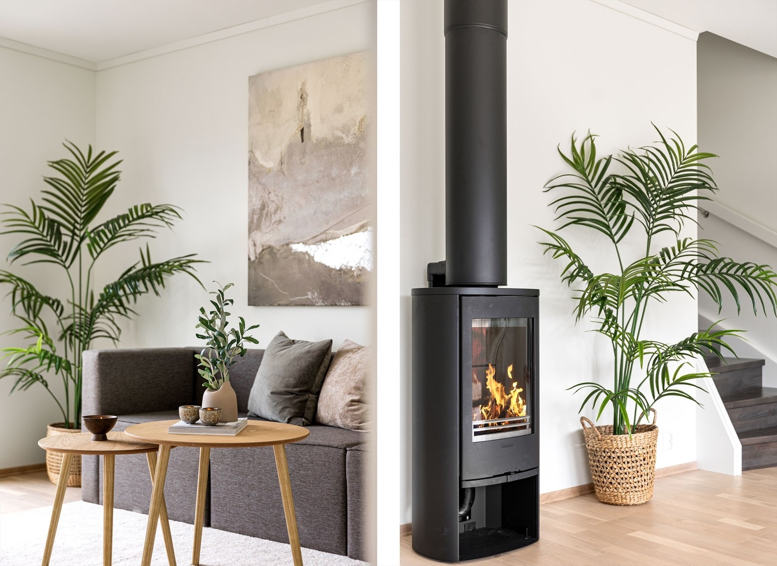 Ventilert stålpipe og ovn er av typen Contura 810 med glassplate på gulv. Galleribilde