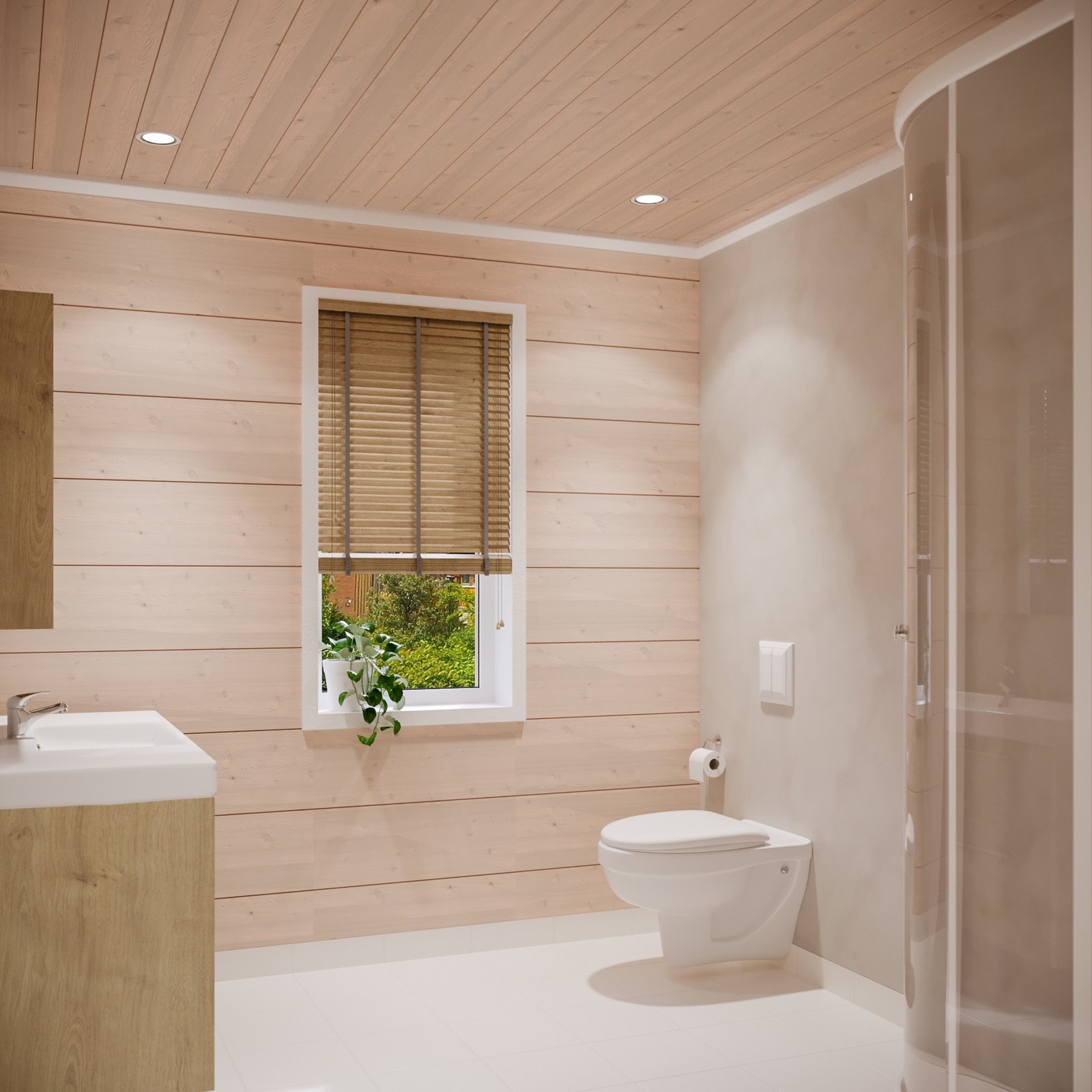 Bad med dusjhjørne, servant med skapinnredning og toalett. Galleribilde