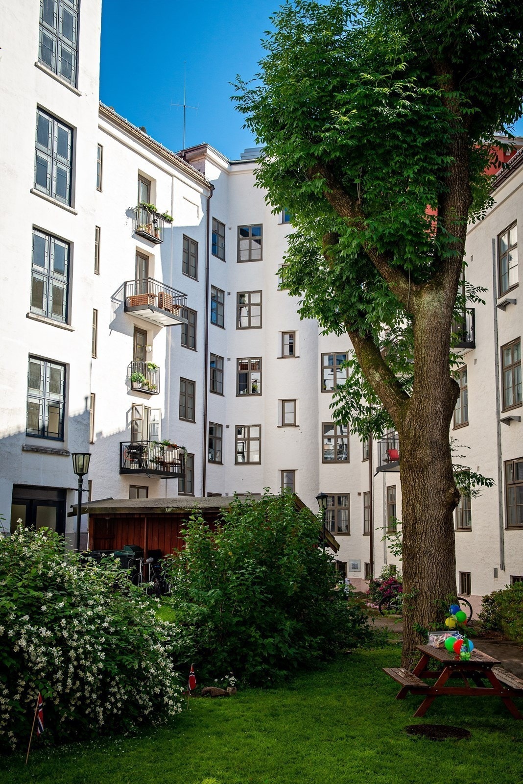 En grønn og frodig bakgård med sitteplasser, plen og variert beplantning. Galleribilde