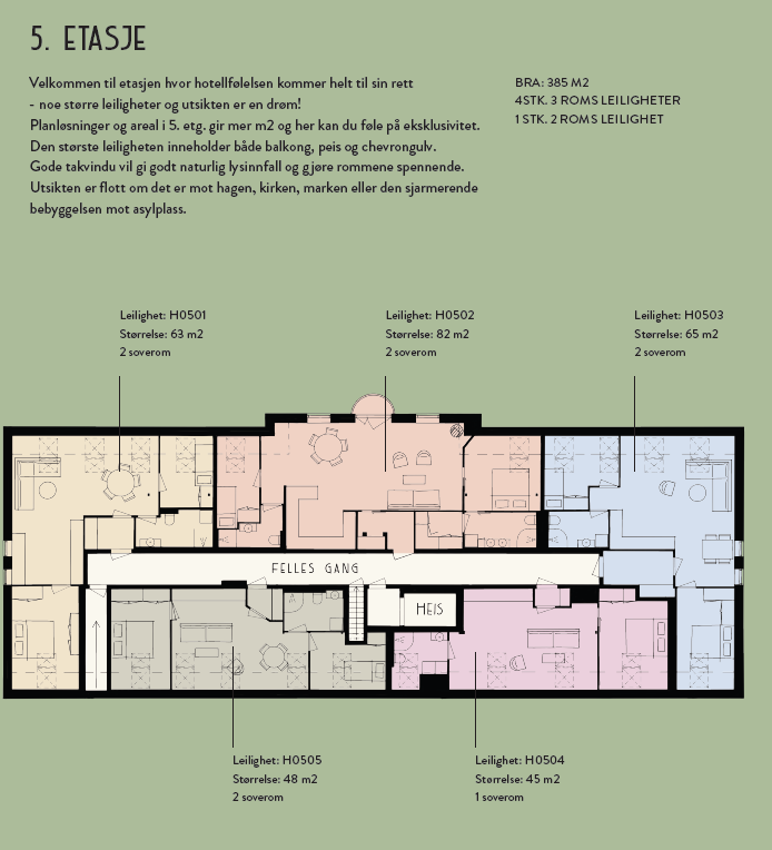 Velkommen til etasjen hvor hotellfølelsen kommer helt til sin rett
- noe større leiligheter og utsikten er en drøm!
Planløsninger i 5. etg. gir mer m2 og her kan du føle på eksklusivitet. Gode takvindu vil gi naturlig lysinnfall og gjøre rommene spennende Galleribilde