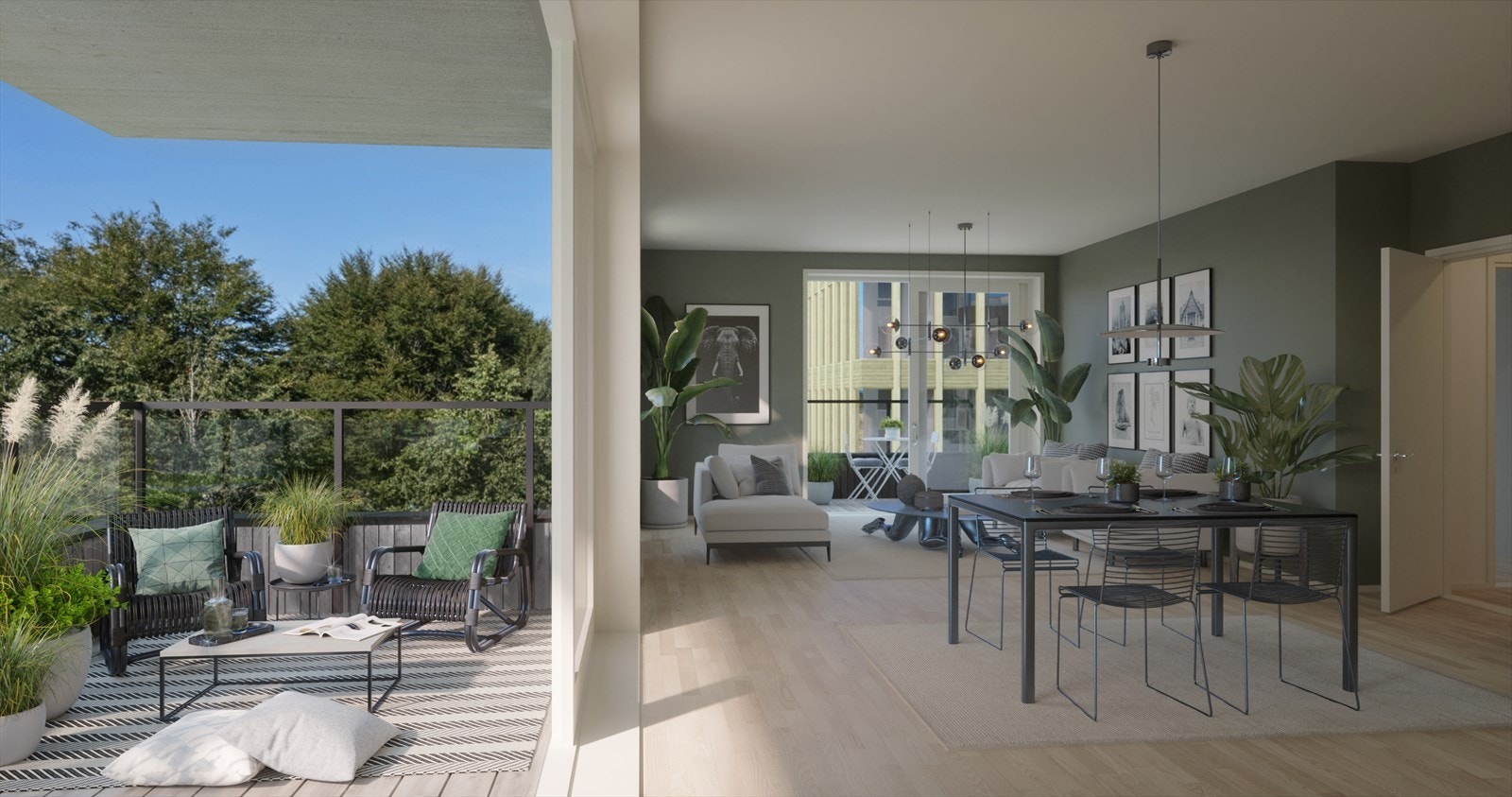 3D-illustrasjon av balkong og stue i leilighet 402 Galleribilde