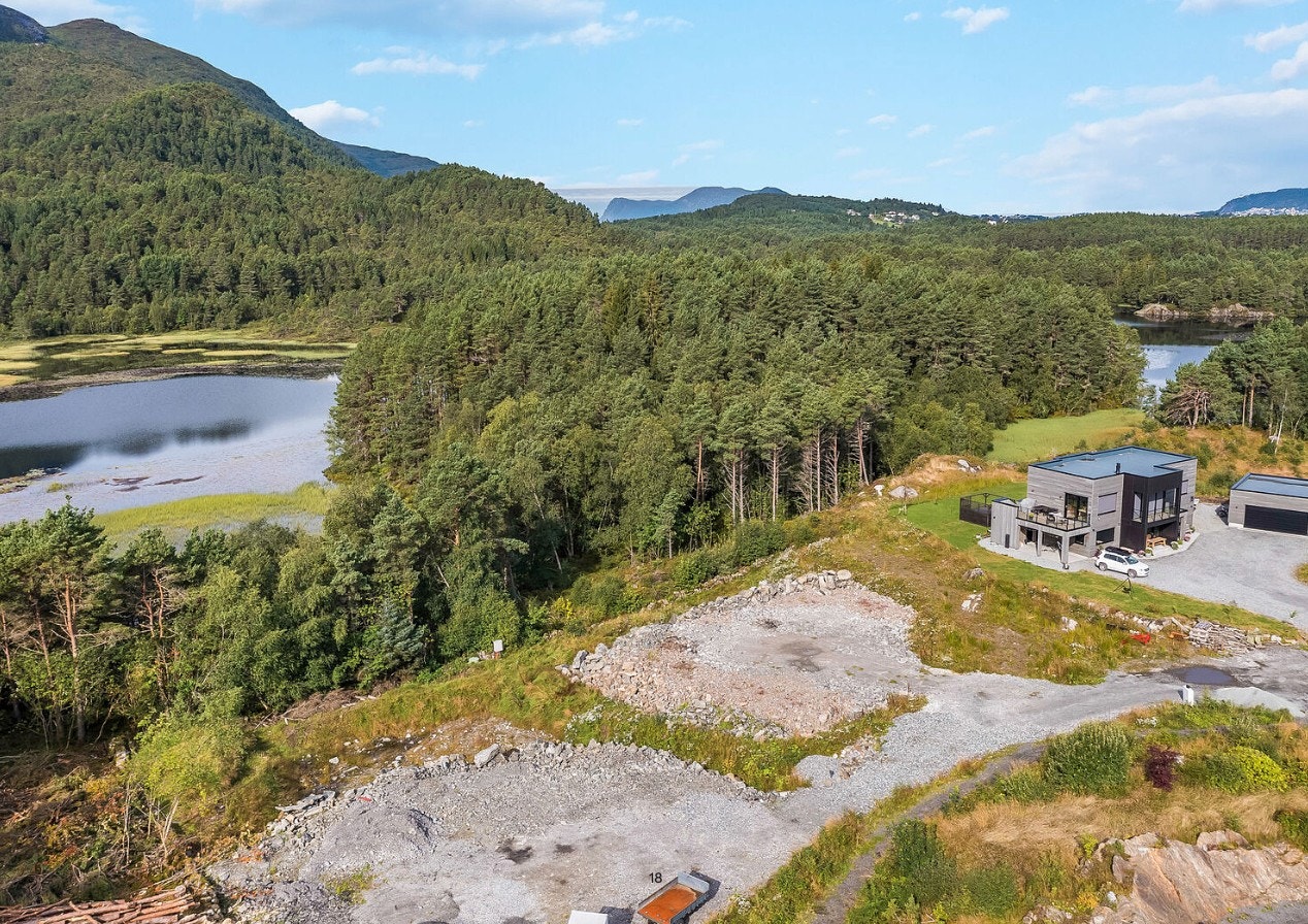 Dronebilde av tomt før skog i forkant av tomt ble tatt ned. Galleribilde
