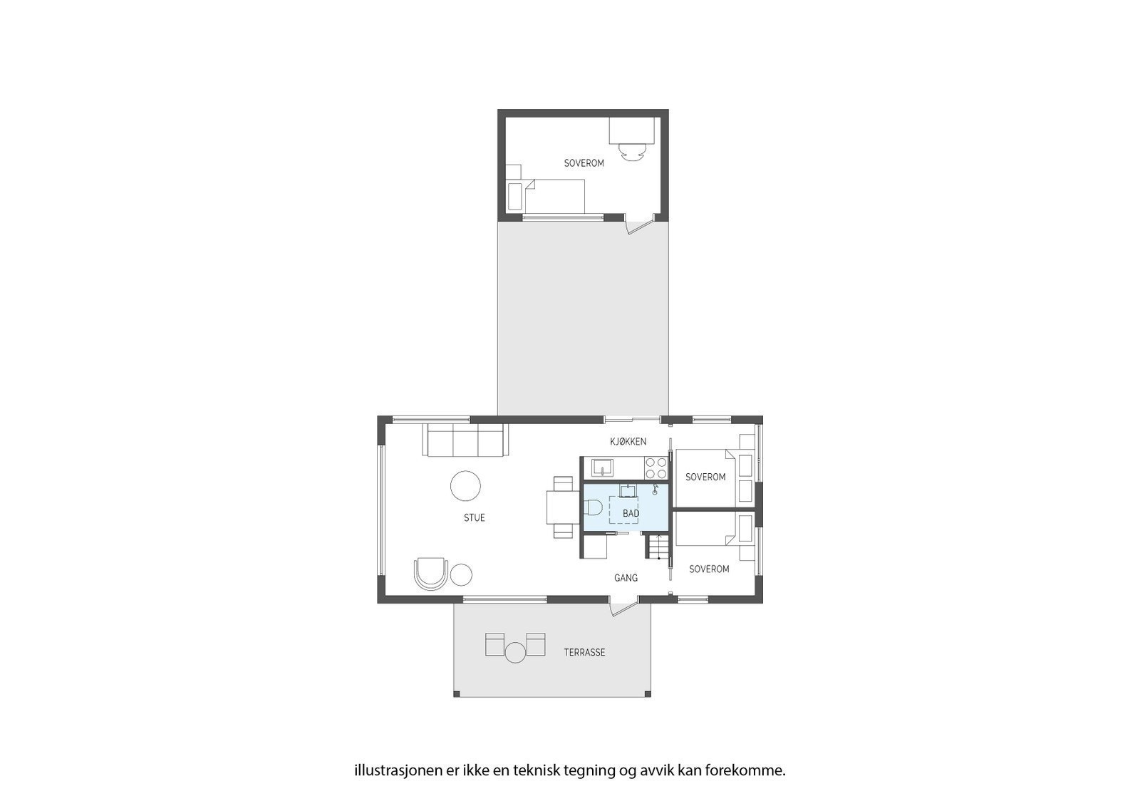 Plantegning - 1.etasje (Anneks er tilvalg, plantegning er illustrasjon av hytte med anneks). Galleribilde