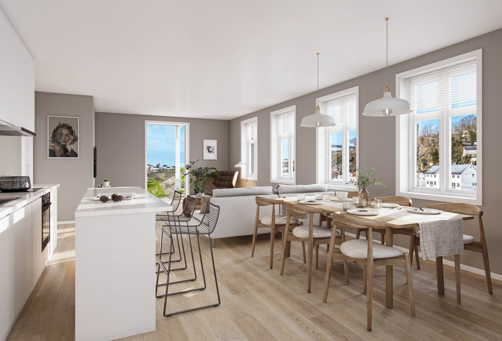 Leiligheten i 1.etg får et romslig oppholdsrom med åpen/ stue kjøkkenløsning og utgang til platting. Store vindusflater som gir rikelig med naturlig lys. Galleribilde