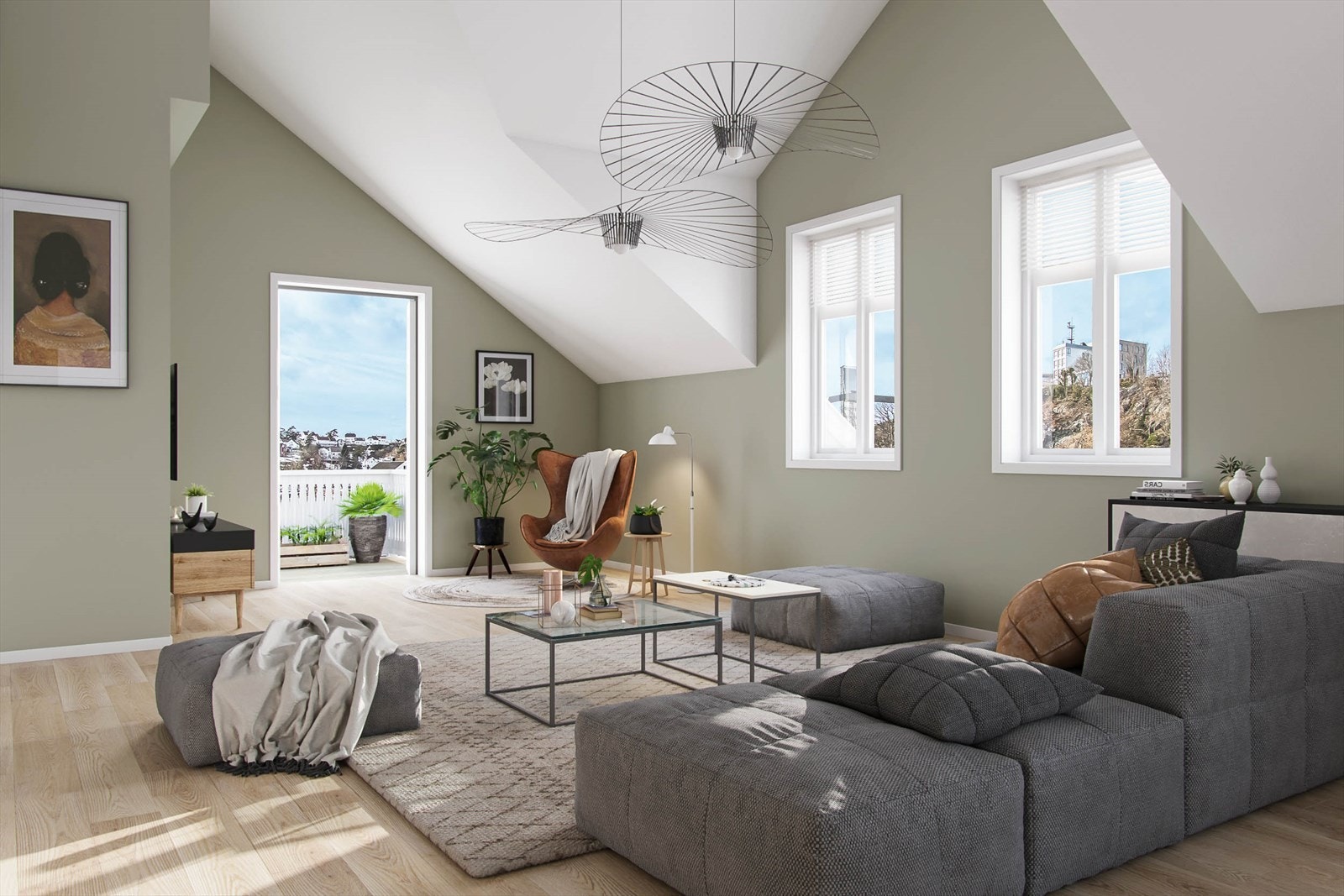 Romslig og fin loftstue med adkomst til veranda med flott utsikt over by Galleribilde