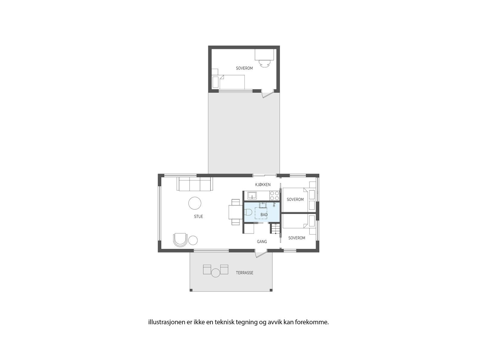 Plantegning - 1.etasje (Anneks er tilvalg, plantegning er illustrasjon av hytte med anneks). Galleribilde