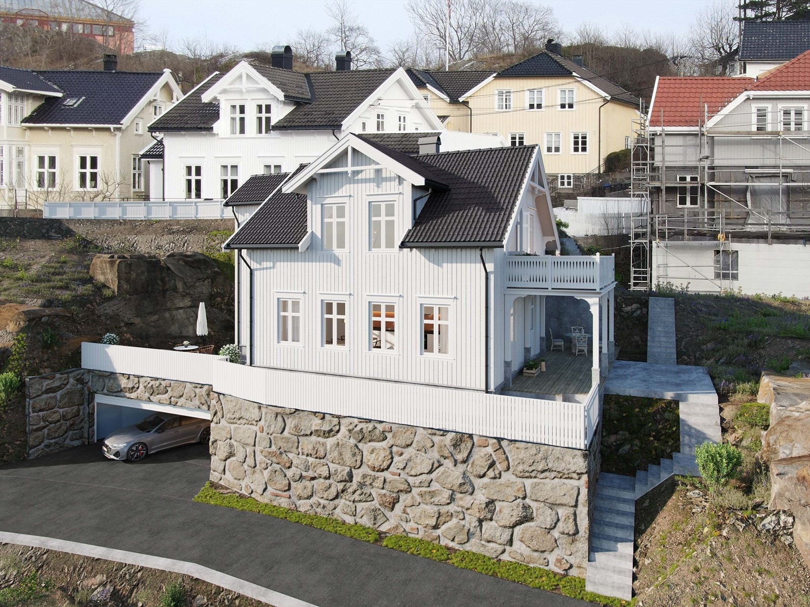 Nydelig arkitekttegnet hus med flott beliggenhet på et høydedrag over Arendal sentrum. Under boligen får de leilighetene parkering i romslig garasjeanlegg. Galleribilde