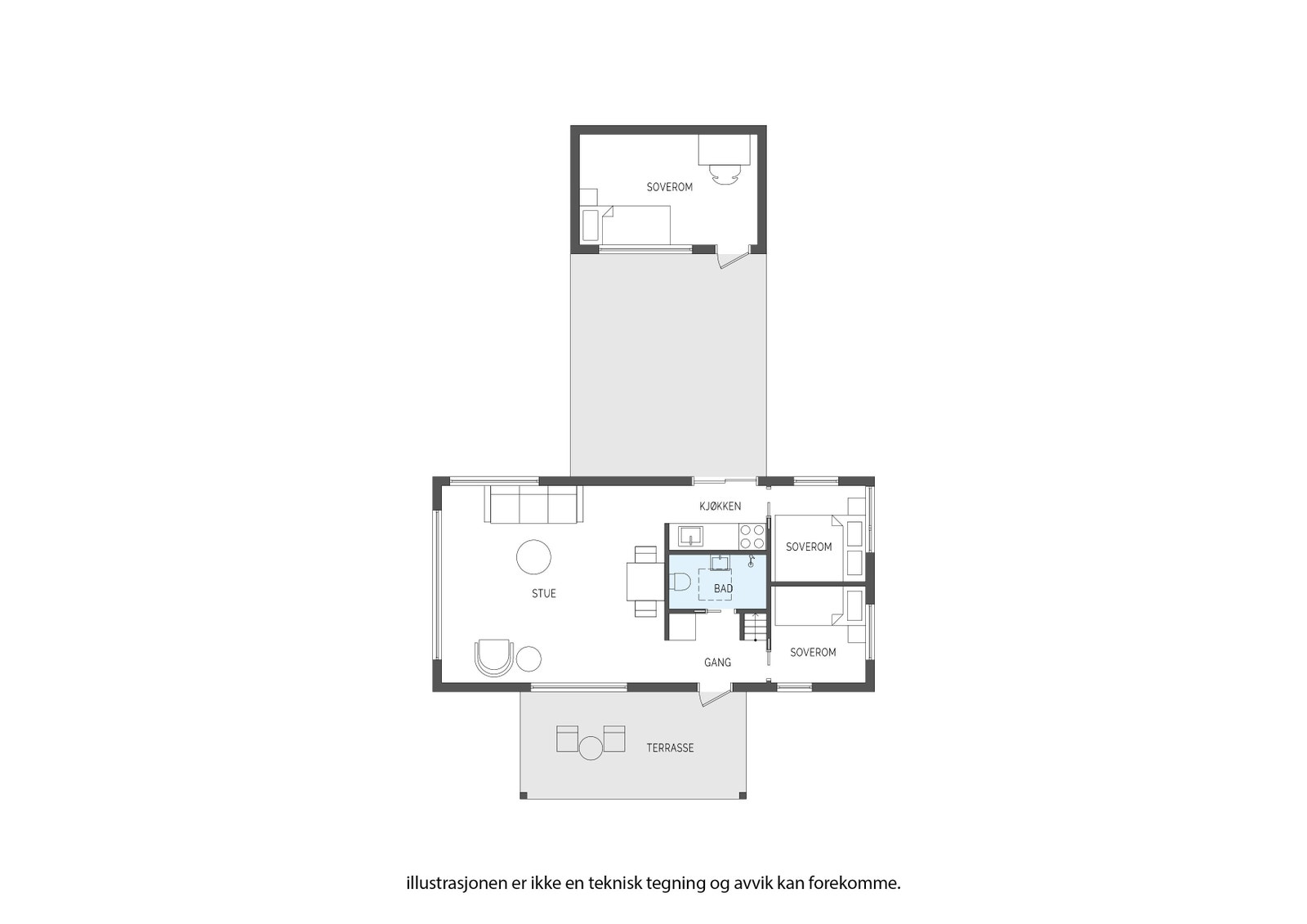Plantegning - 1.etasje (Anneks er tilvalg, plantegning er illustrasjon av hytte med anneks). Galleribilde