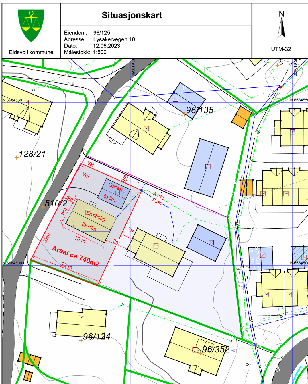 Bilde viser hvor en tenkt enebolig med garasje kunne stå og var et av vedleggene som ble sendt og godkjent av Eidsvoll Kommune i forbindelse med saken om utskillig av tomten Galleribilde
