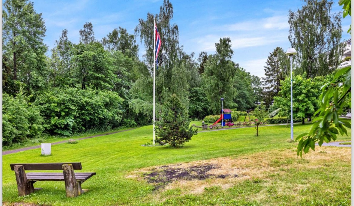 Fellesarealer med flott opparbeidet og velholdt parkområde med lekeplass for de minste, grill og park-benker. Galleribilde