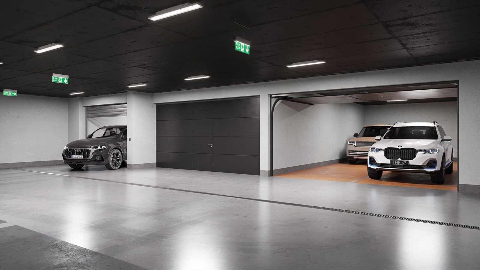 Garasjeanlegget er stort og gjennomtenkt med god plass mellom garasjeplassene og alle leveres med egen port. Illustrasjonsfoto. Galleribilde