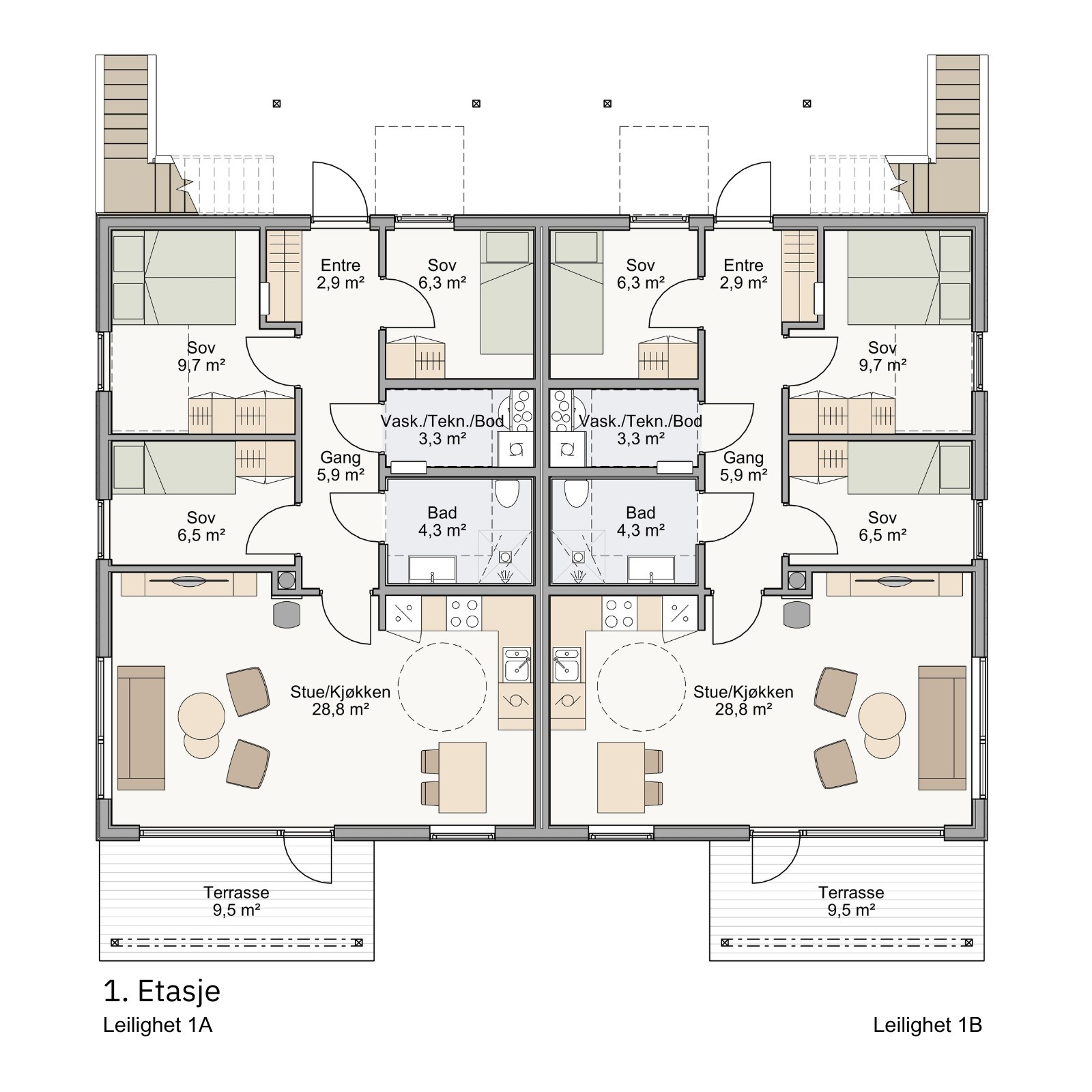 Illustrasjon over planløsning i 1. etasje. Innholdsrik løsning med utvendig platting på bakkeplan og tilgang til terreng. Trinnfri adkomst og enkelt liv med alt på en flate.