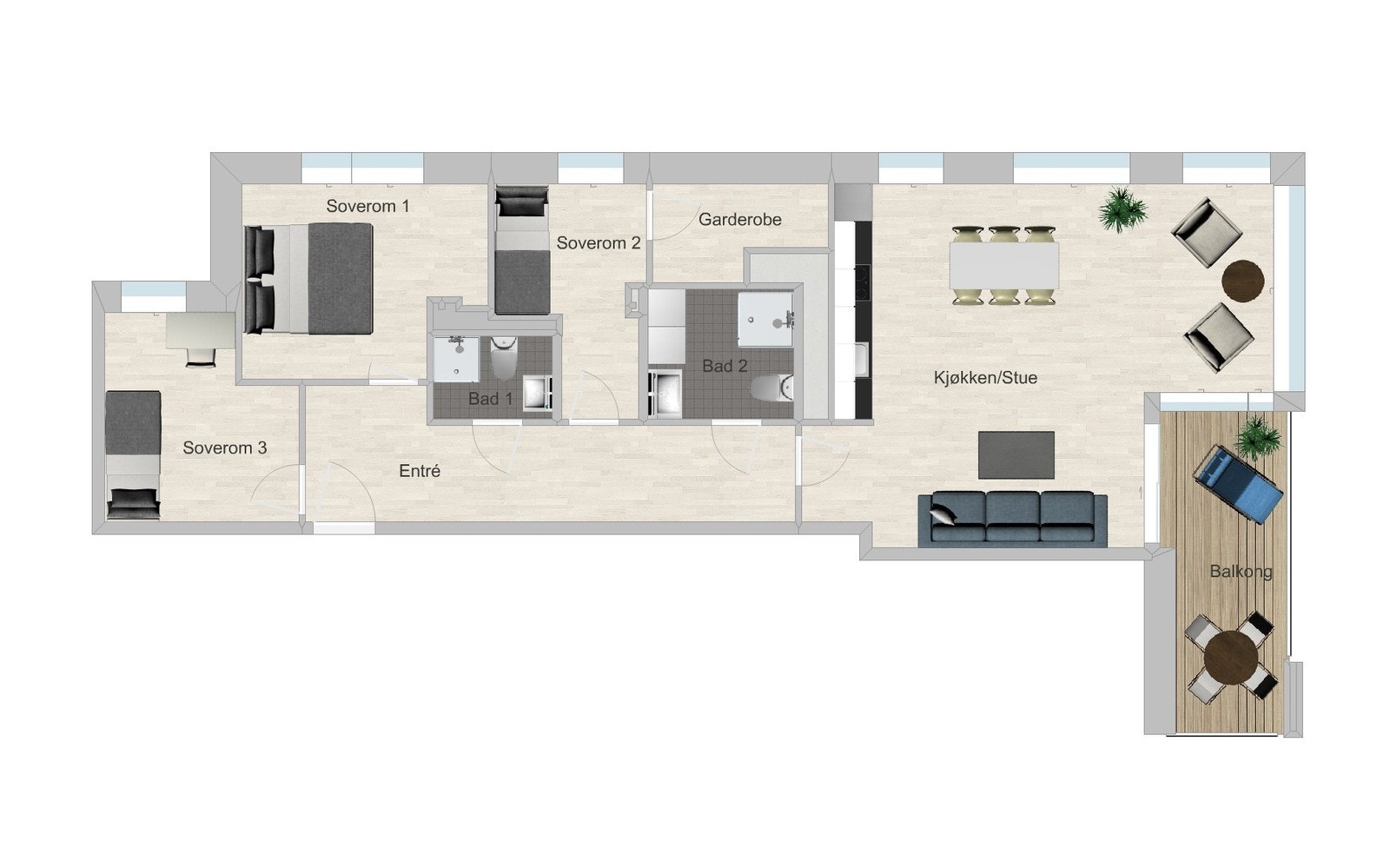Plantegning - 3 sov, 2 bad, stue, kjøkken, balkong Galleribilde