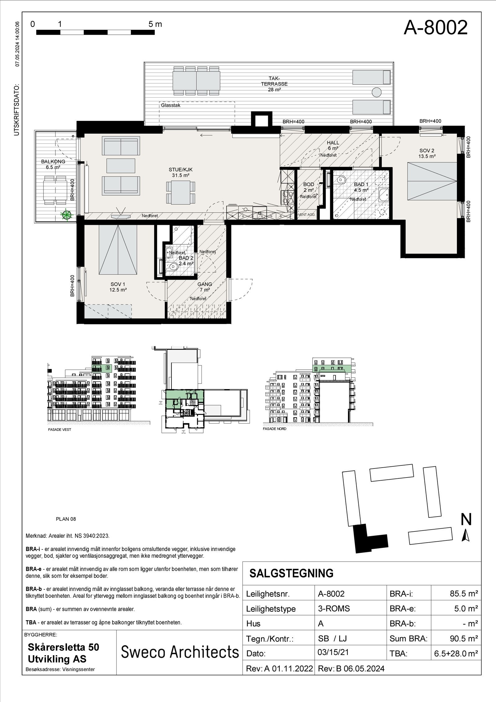 Plantegning A-8002 - 3.roms med balokng og takterrasse! Galleribilde