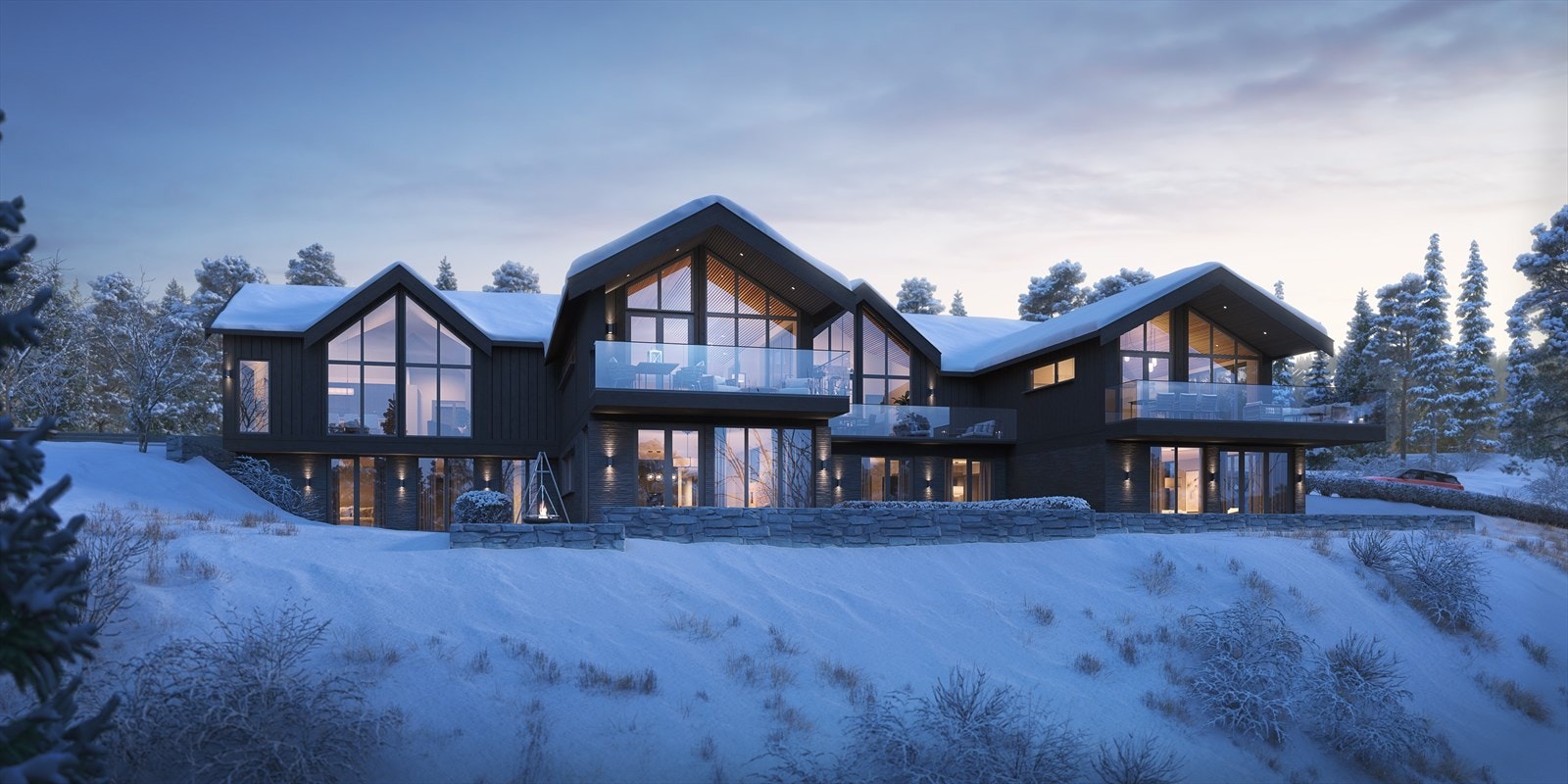 Bygget er over to etasjeplan, og det er heisadkomst til 2. etasje. Bebyggelsen ligger på en stor, romslig og frodig tomt som grenser til friområde med turstier, skiløyper og sykkelstier rett utenfor inngangsdøren. Illustrasjonsfoto. Galleribilde