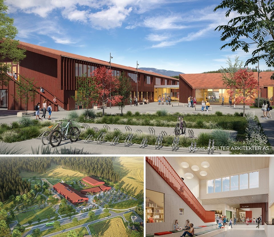 Nye Vilberg barneskole blir klar til skolestart 2025. Tegnet av FILTER ARKITEKTER AS Galleribilde