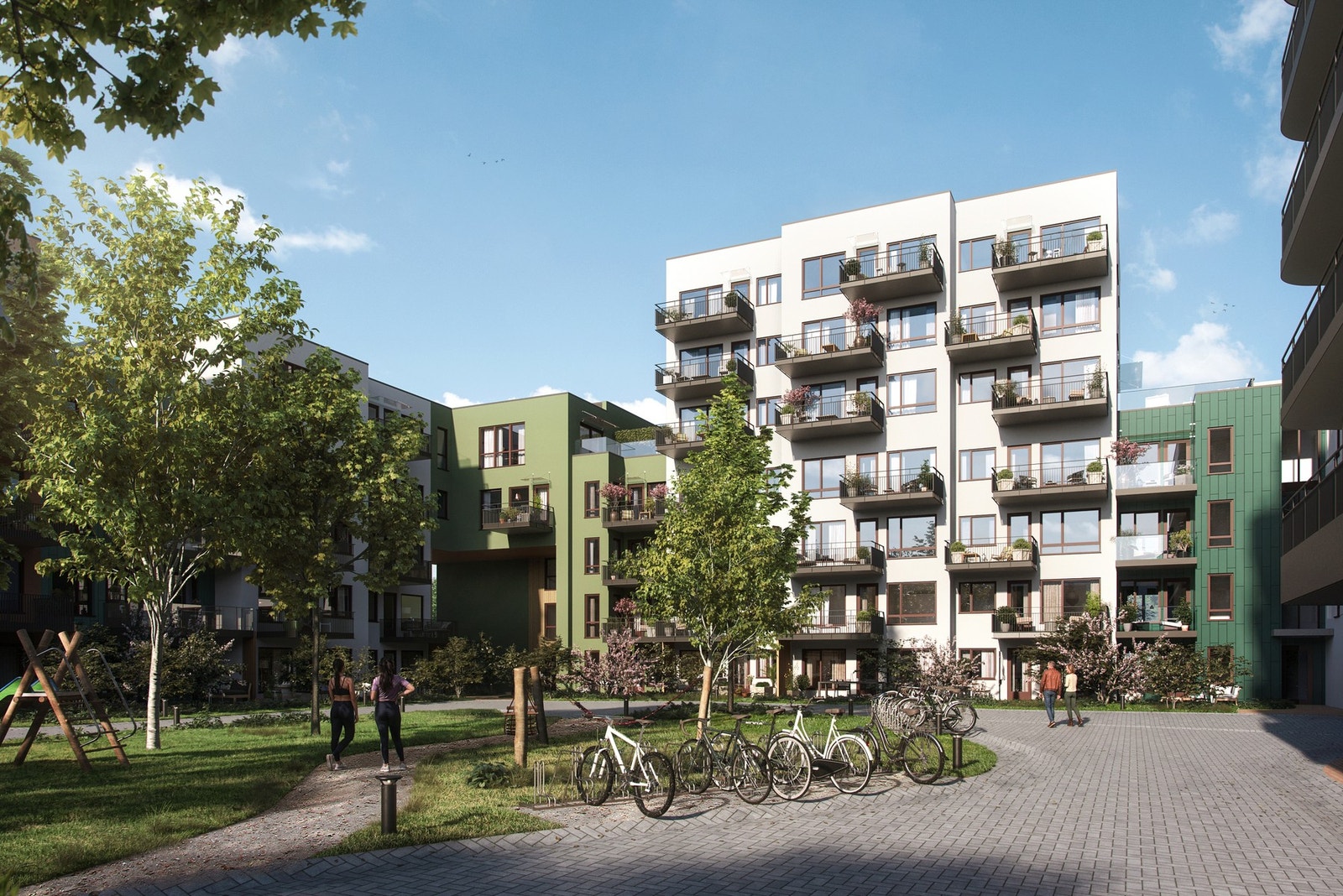 De fleste leilighetene i hus F, G og H har vestvendte balkonger inn mot det bilfrie gårdsrommet. Galleribilde