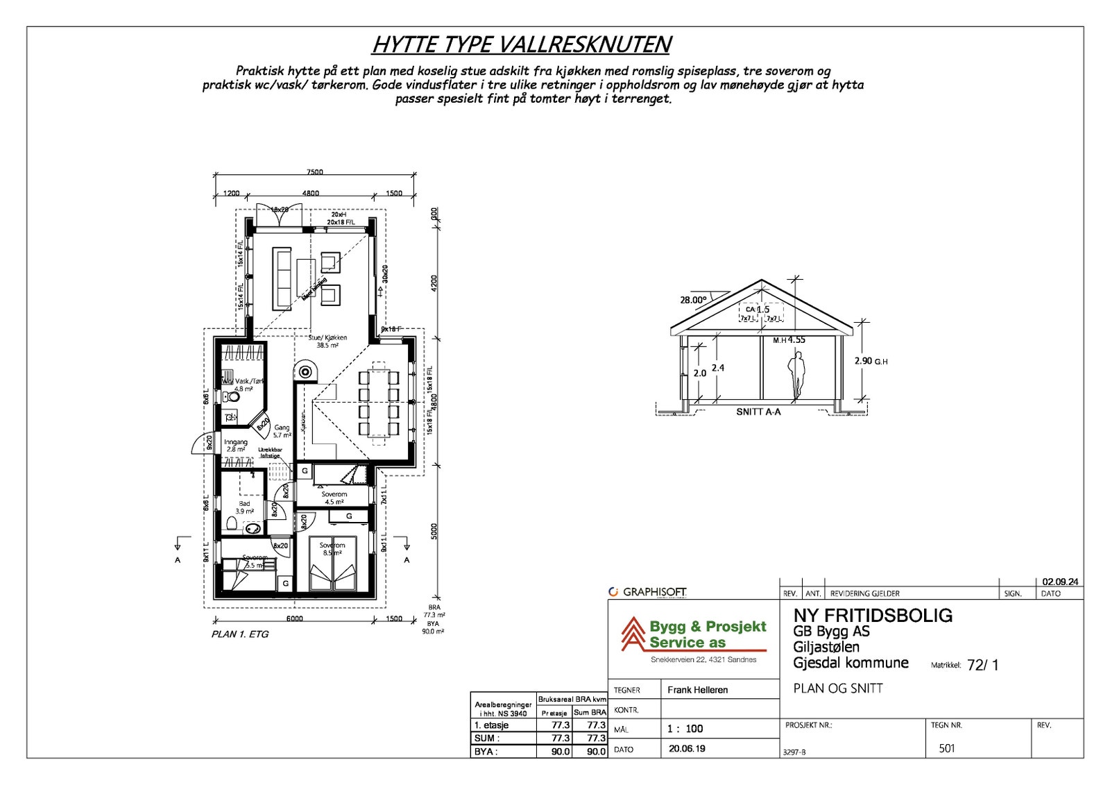 Plan og snitt - Hytte type Vallresknuten Galleribilde
