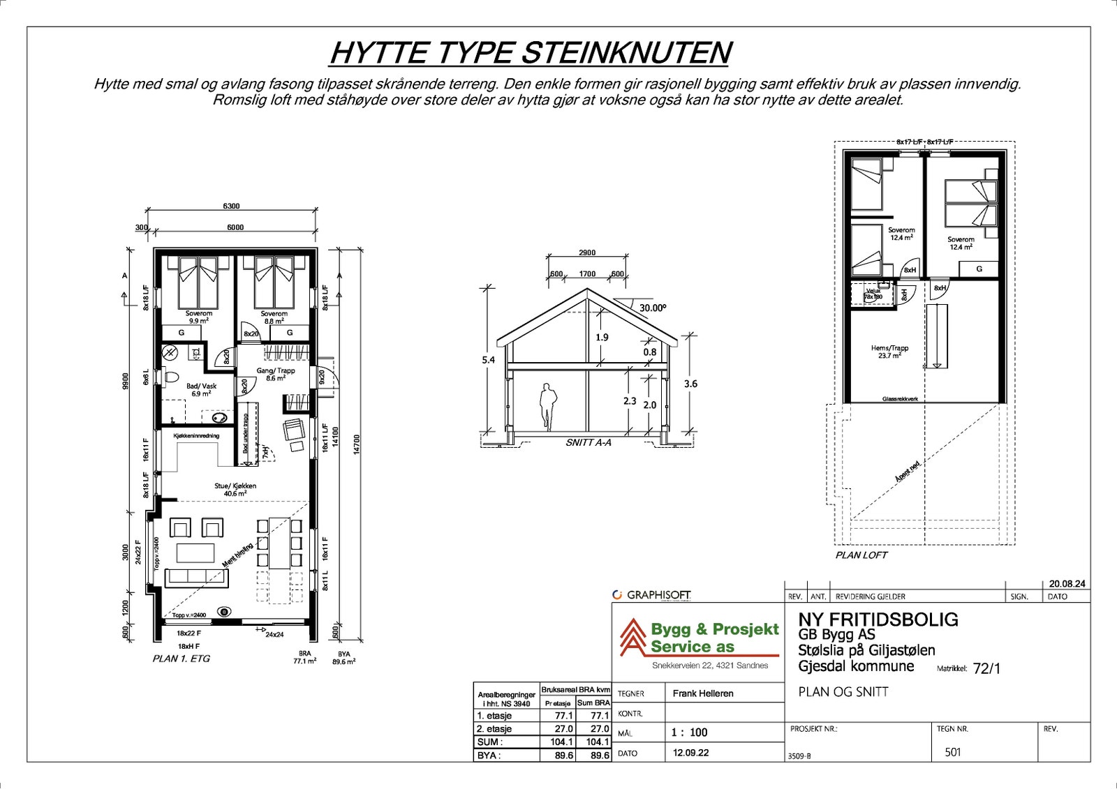 Plan og snitt - Hytte type Steinknuten Galleribilde