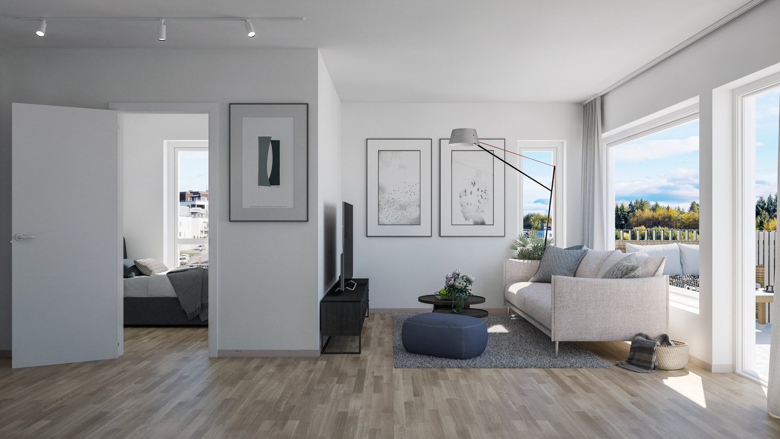 Stue og soverom i leilighet på 54 kvm. Illustrasjon, avvik vil forekomme Galleribilde