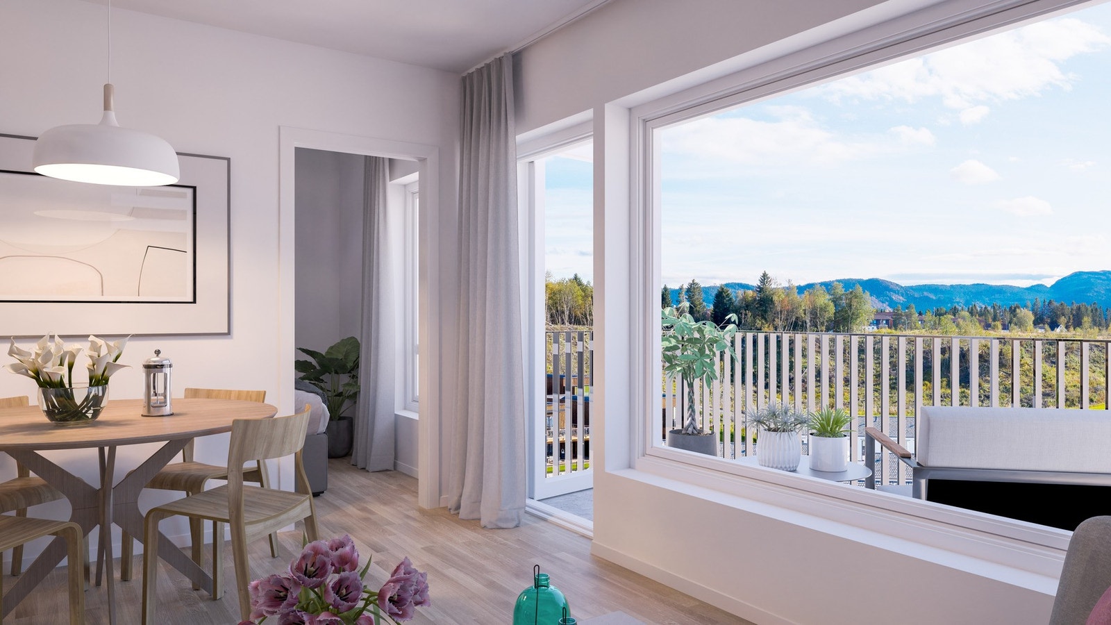 Stue med utsikt fra leilighet på 35 kvm. Illustrasjon, avvik vil forekomme Galleribilde