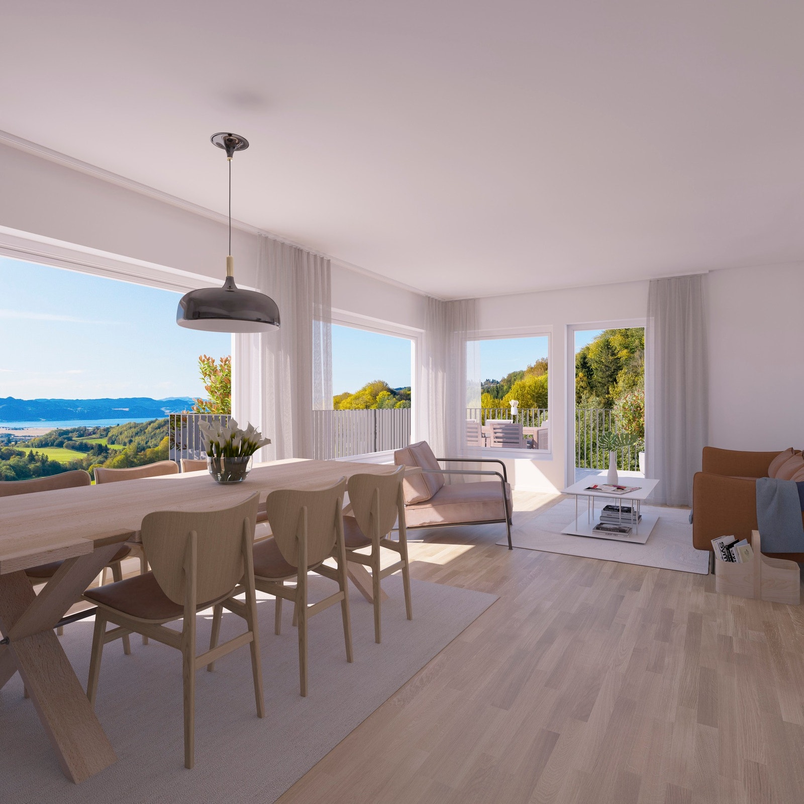 Stue med utsikt, fra leilighet på 76 kvm. Illustrasjon, avvik vil forekomme Galleribilde