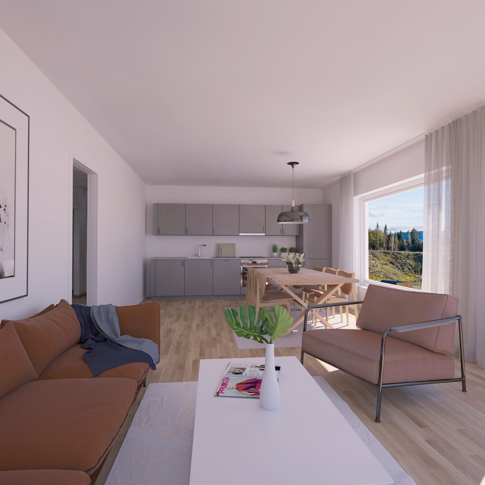 Stue og kjøkken, fra leilighet på 76 kvm. Illustrasjon, avvik vil forekomme Galleribilde