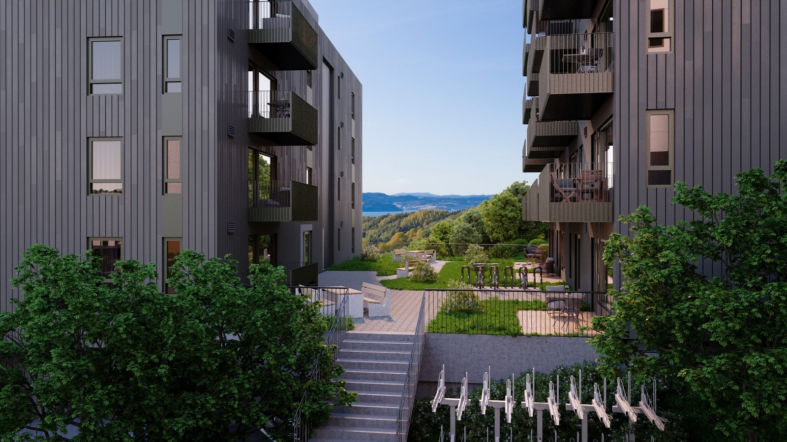 Pent opparbeidet fellesareal mellom byggene. Illustrasjon, avvik vil forekomme Galleribilde