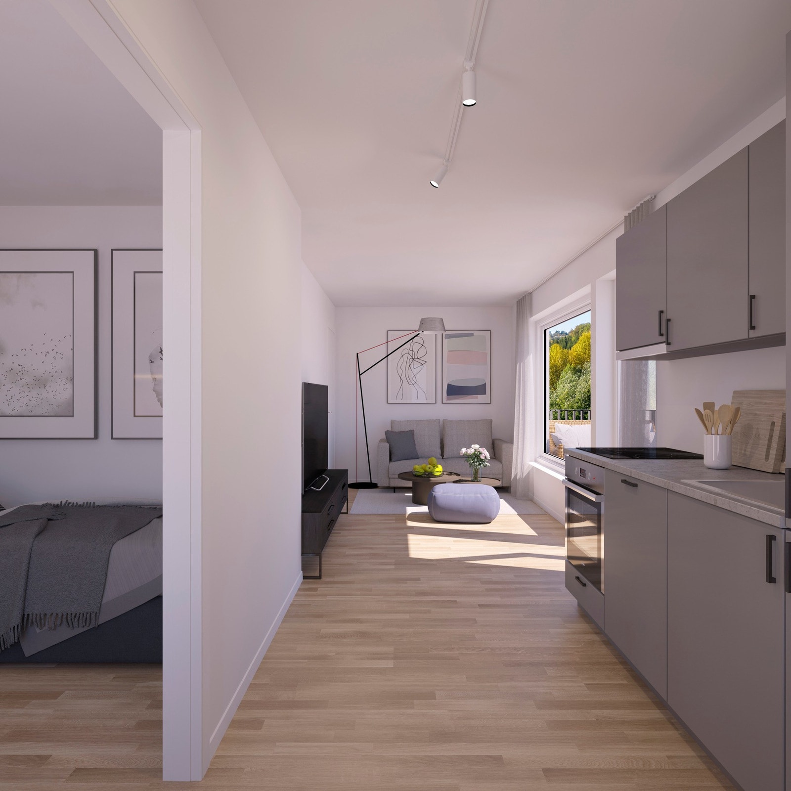 b2-201 på 30m2-pa?-baksiden-3d-kjøkken-stue. Illustrasjon, avvik vil forekomme Galleribilde