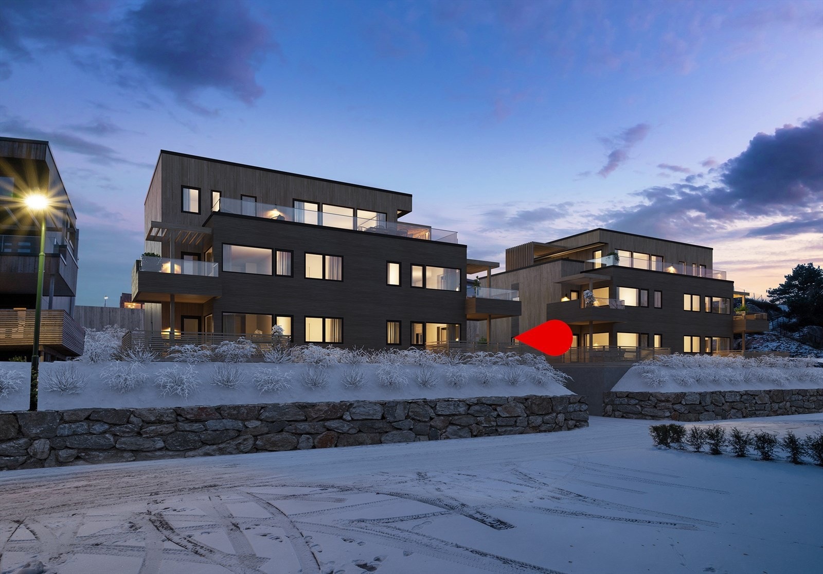Moderne leilighetskompleks i naturskjønne omgivelser. Flotte, romslige balkonger med utsikt. Perfekt for deg som ønsker ro og komfort. Illustrasjon. Galleribilde