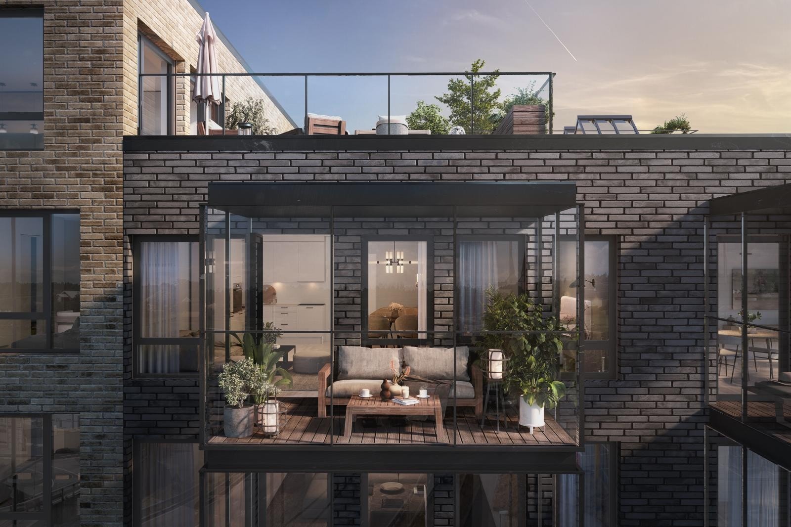 De fleste leilighetene har egen privat uteplass. Kun illustrasjon. Avvik vil forekomme. Galleribilde