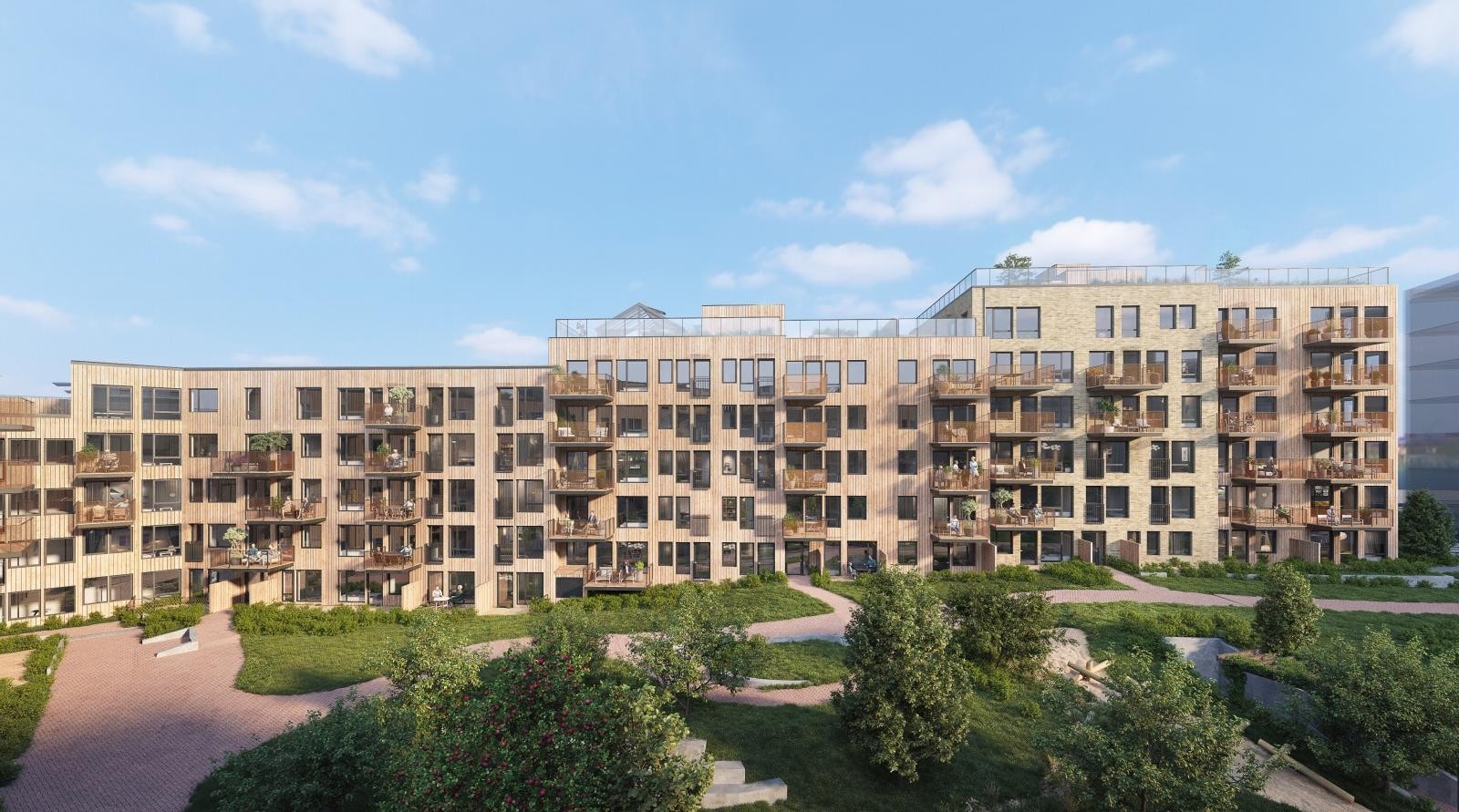 Gårdsrommet mellom husene blir et flott samlingssted for venner og naboer. Kun illustrasjon. Avvik vil forekomme. Galleribilde