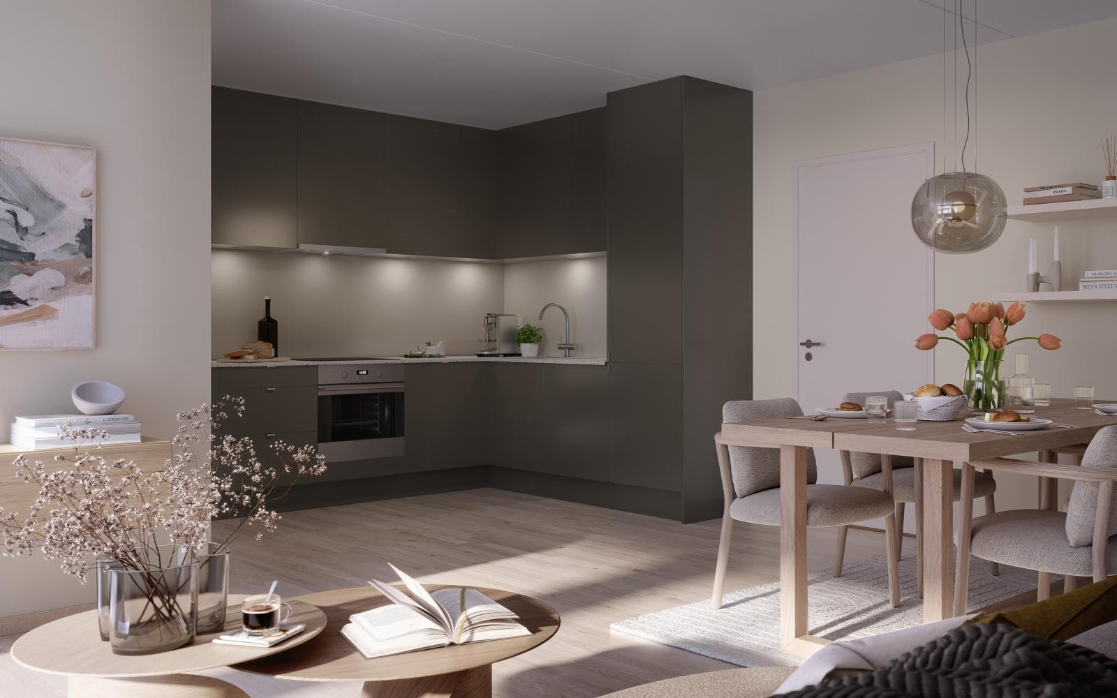 Du kan sette ditt eget preg på din nye bolig ved hjelp av tre spennende stilpakker; «Havre», «Jord» og «Spire». Kjøkkenet er fra konseptet "Jord". Kun illustrasjon. Avvik vil forekomme. Galleribilde