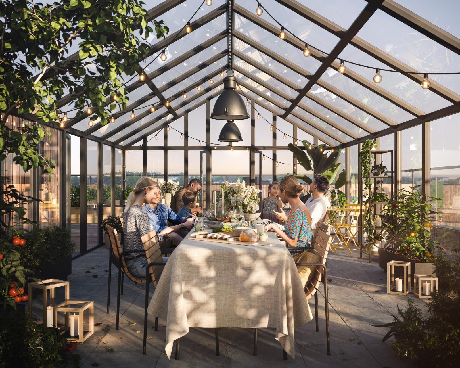 Den flotte takterrassen gir rom for å drive urban dyrking og fungerer som sosiale knutepunkt for deg og naboene dine. Kun illustrasjon. Avvik vil forekomme. Galleribilde