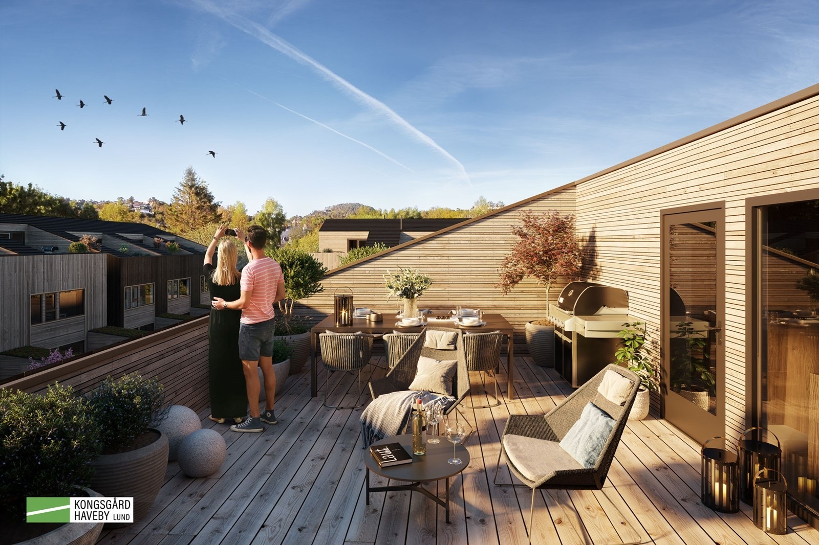 Moderne takterrasse med flott utsikt i naturskjønne omgivelser i Kongsgård Hageby på Lund. Illustrasjon. Bolig nr 9 ligger med takterrasse motsatt vei. Galleribilde