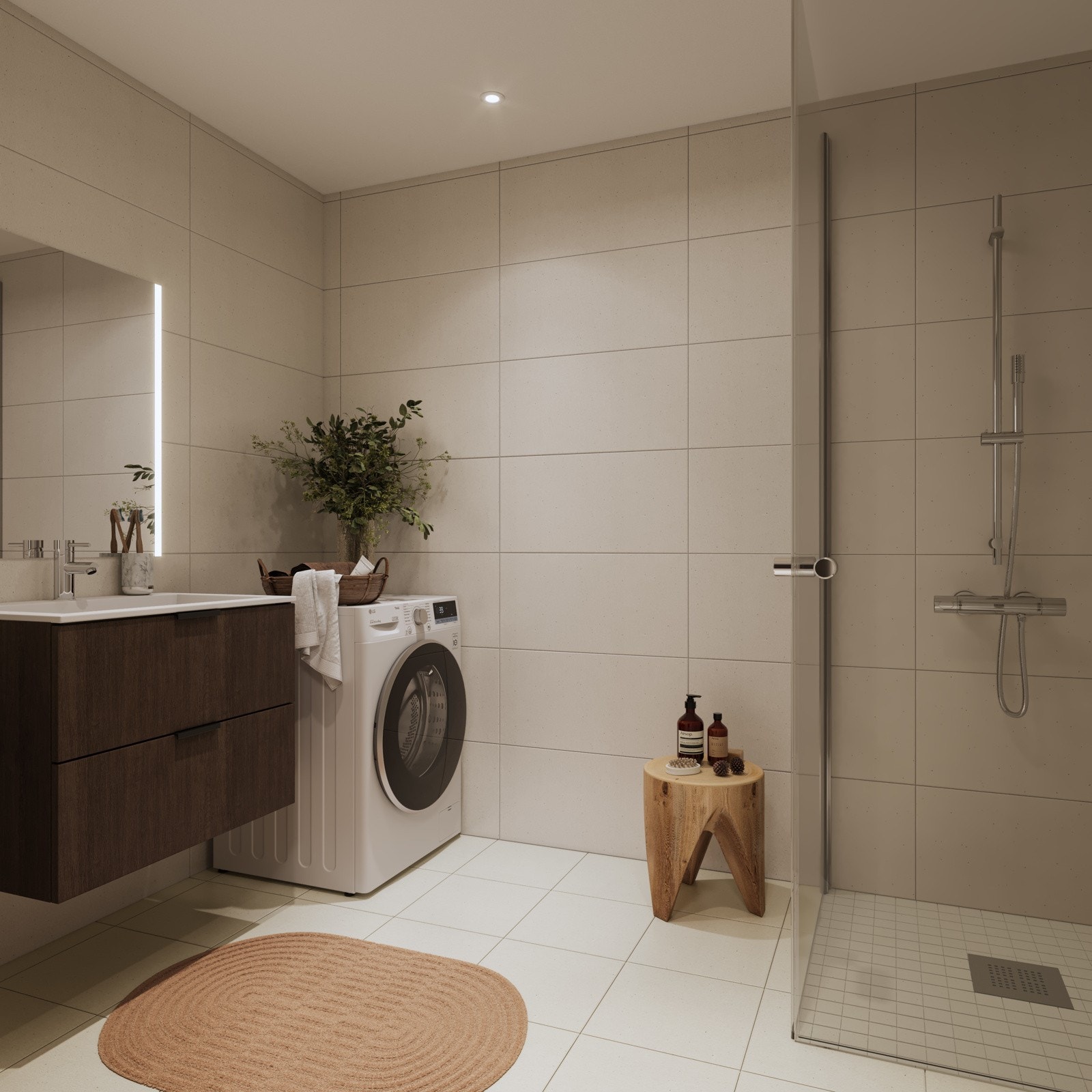 Plassbygget bad med flislagte vegger og gulv, flisene leveres med sandfarget overflate. * Alle illustrasjoner er kun ment å være av illustrativ karakter og avvik kan fremkomme. Galleribilde