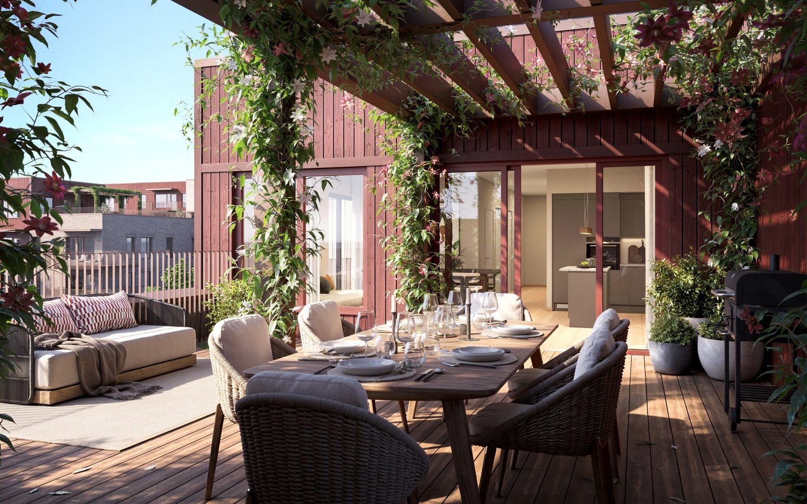 Flere av leilighetene vil ha store private terrasser. Det vil også bli felles takterrasse som alle beboere kan benytte seg av. Illustrasjonsbilde hvor endringer kan forekomme. Galleribilde