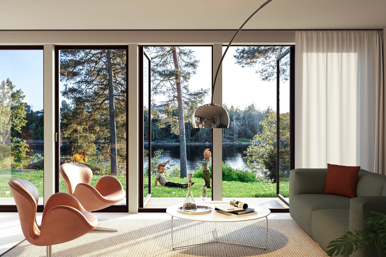 Balkong- og skyvedører samt vinduer leveres fra Nordan eller tilsvarende, alt i elegant malt utførelse for et helhetlig uttrykk Galleribilde