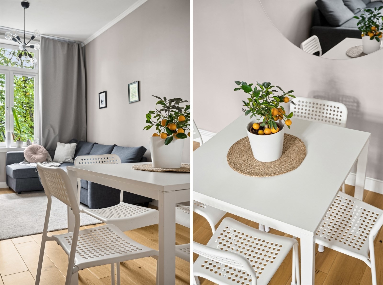 Stuen har stilsikre gulvflater fra 2019 bestående av elegant 1-stavs eikeparkett, mens veggflatene er malt opp i en delikat gråtone Galleribilde