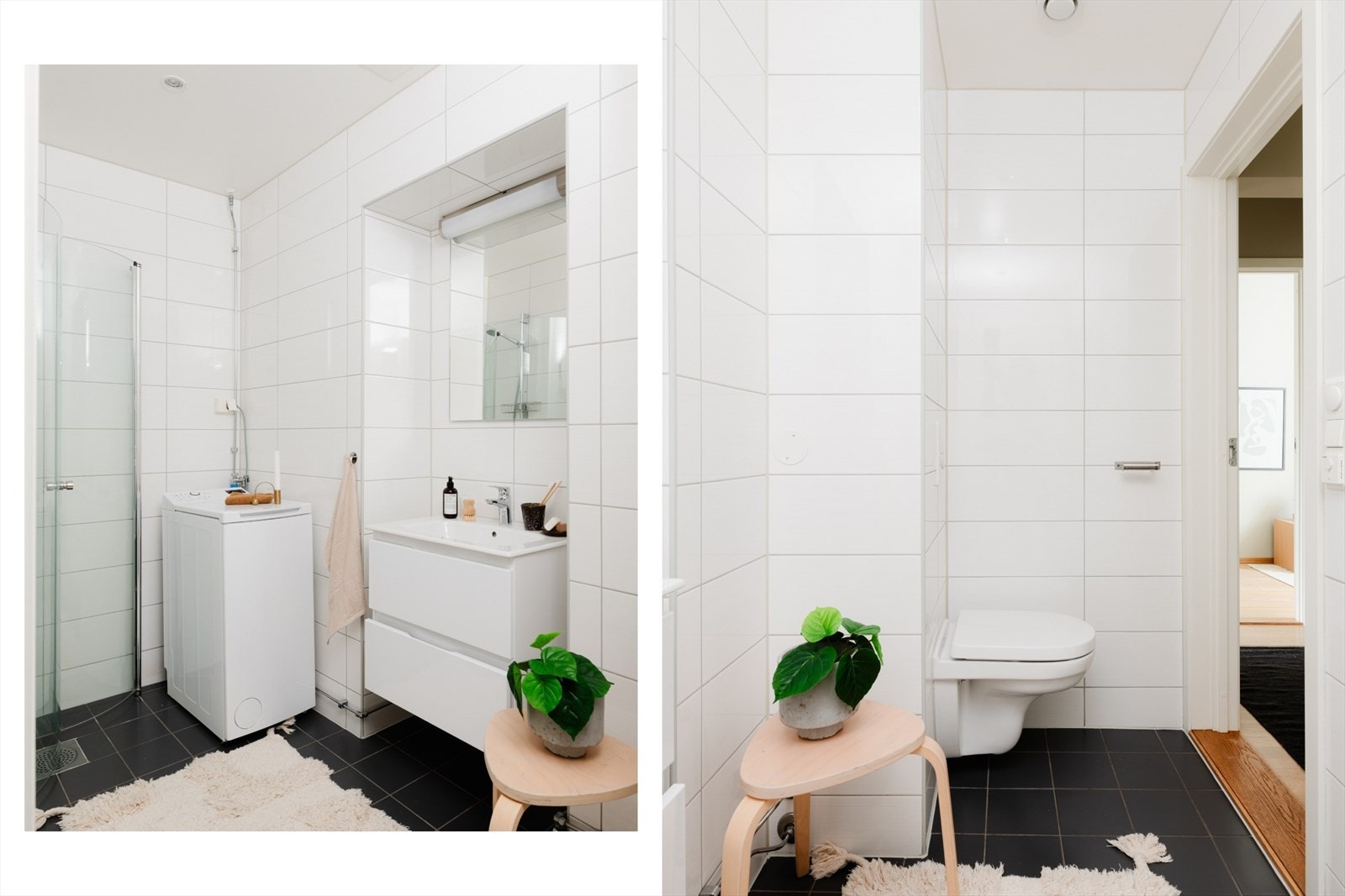 Rommet er innredet med hjørnedusj, klosett, speil og servant, samt opplegg og plass til vaskemaskin. Galleribilde