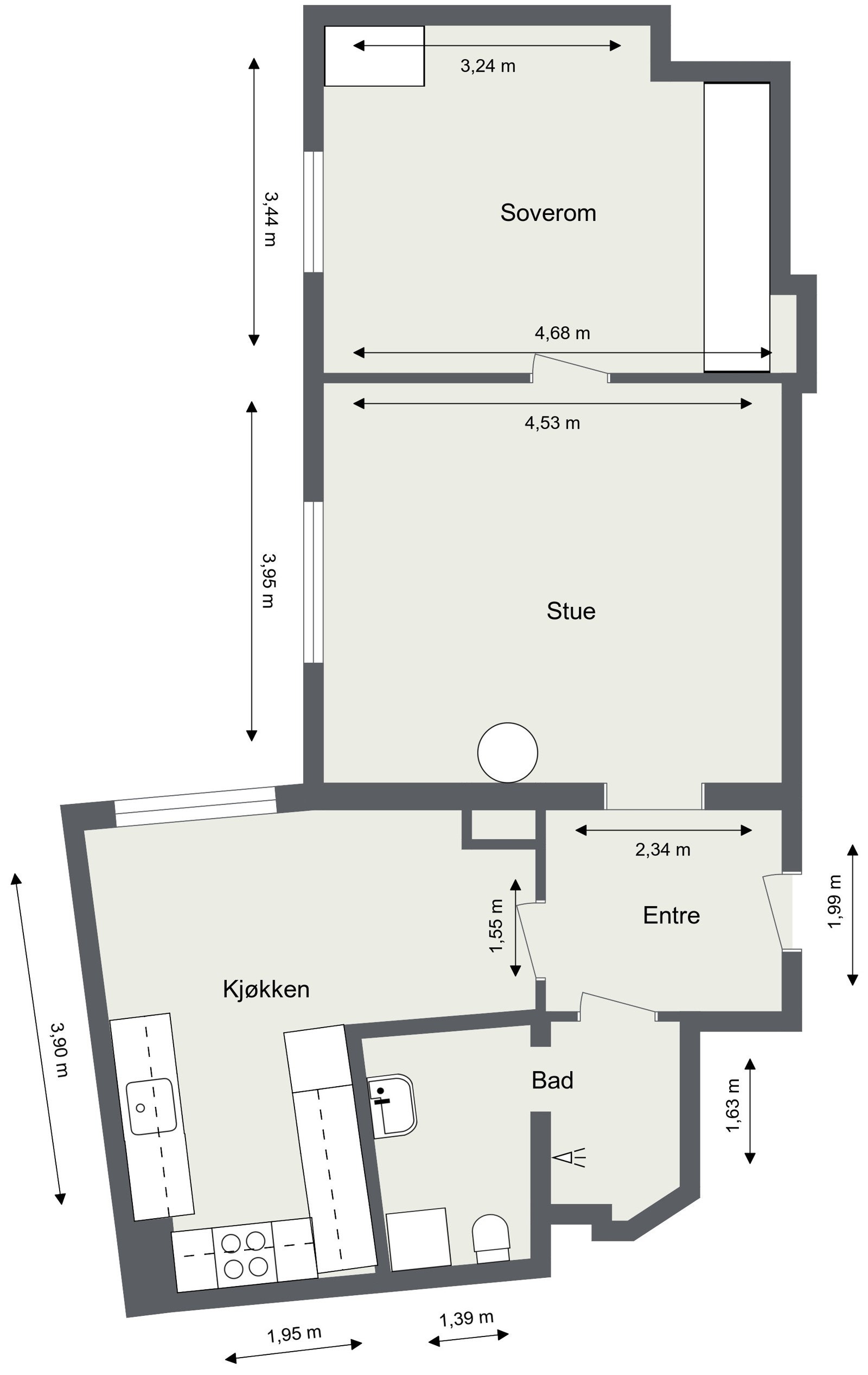 . . . rett etter at du har gjort deg kjent med planløsningen. Leiligheten ligger i vinkel, hvilket er fint, for da ser du bare rett inn til deg selv! Galleribilde