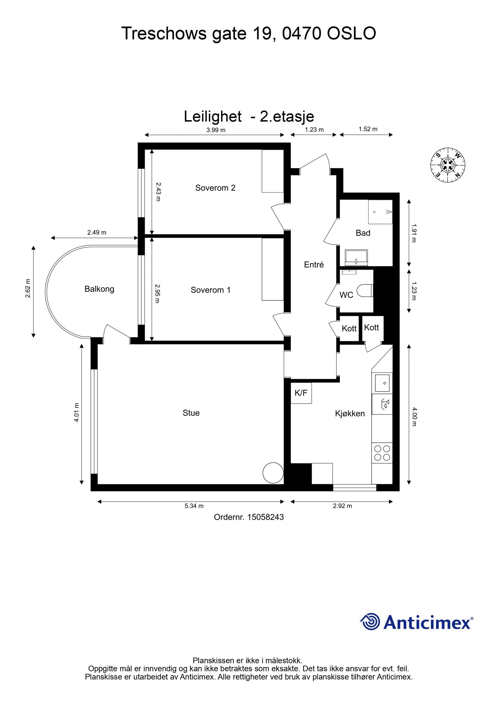 Plantegning. I tillegg disponerer leiligheten totalt 4 boder. En bod på ca. 1m² i samme etasje som leiligheten, 2 kjellerboder på til sammen ca. 4m² og ca. 1m², samt en loftsbod med gulvareal på ca. 6m². Heis i bygget. Galleribilde